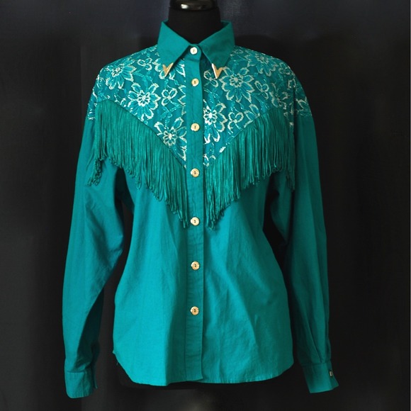 Lilia Guilty Exclusive Western Shirt Fringed Cotton Green Metallic Lace - Large - Picture 1 of 10